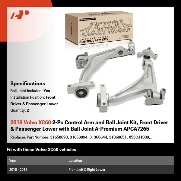 2018 Volvo XC60 2-Pc Control Arm and Ball Joint Kit, Front Driver & Passenger Lower with Ball Joint A-Premium APCA7265