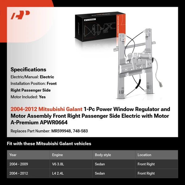 2004-2012 Mitsubishi Galant 1-Pc Power Window Regulator and Motor Assembly Front Right Passenger Side Electric with Motor A-Premium APWR0664