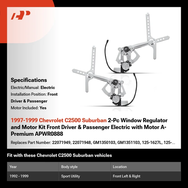 1997-1999 Chevrolet C2500 Suburban 2-Pc Window Regulator and Motor Kit Front Driver & Passenger Electric with Motor A-Premium APWR0888