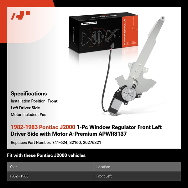 1982-1983 Pontiac J2000 1-Pc Window Regulator Front Left Driver Side with Motor A-Premium APWR3137