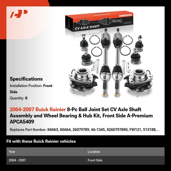 2004-2007 Buick Rainier 8-Pc Ball Joint Set CV Axle Shaft Assembly and Wheel Bearing & Hub Kit, Front Side A-Premium APCA5409
