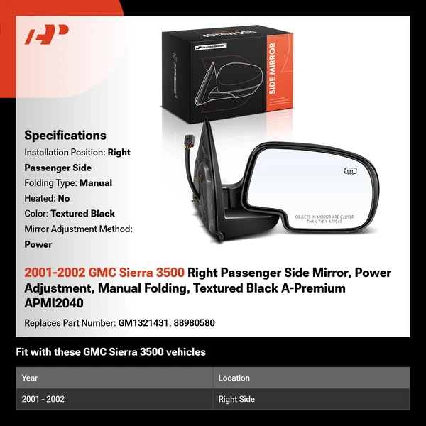 2001-2002 GMC Sierra 3500 Right Passenger Side Mirror, Power Adjustment, Manual Folding, Textured Black A-Premium APMI2040