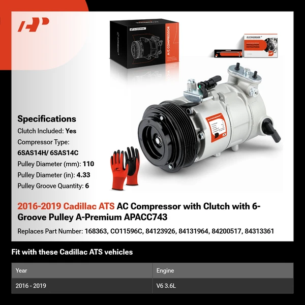 2016-2019 Cadillac ATS AC Compressor with Clutch with 6-Groove Pulley A-Premium APACC743