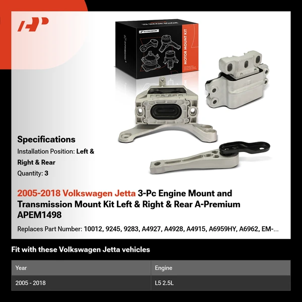2005-2018 Volkswagen Jetta 3-Pc Engine Mount and Transmission Mount Kit Left & Right & Rear A-Premium APEM1498