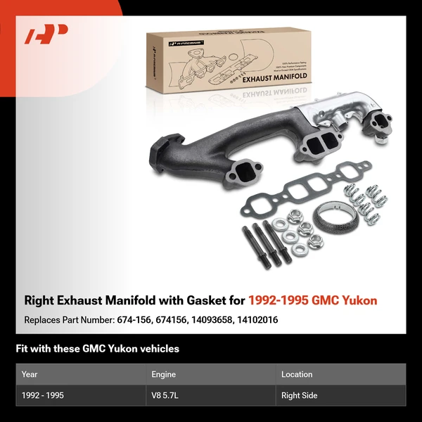 Right Exhaust Manifold with Gasket for 1992-1995 GMC Yukon