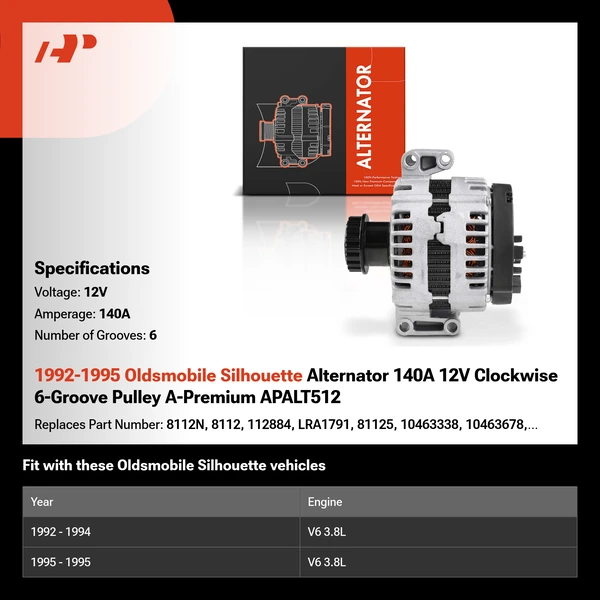 1992-1995 Oldsmobile Silhouette Alternator 140A 12V Clockwise 6-Groove Pulley A-Premium APALT512