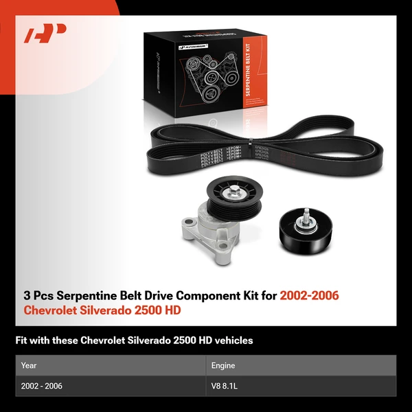 3 Pcs Serpentine Belt Drive Component Kit for 2002-2006 Chevrolet Silverado 2500 HD