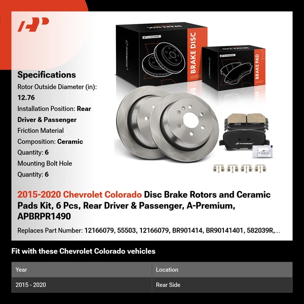 2015-2020 Chevrolet Colorado Disc Brake Rotors and Ceramic Pads Kit, 6 Pcs, Rear Driver & Passenger, A-Premium, APBRPR1490
