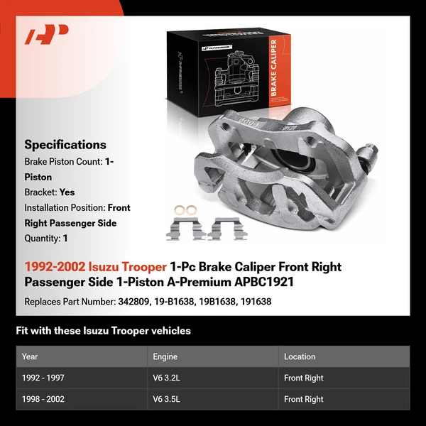 1992-2002 Isuzu Trooper 1-Pc Brake Caliper Front Right Passenger Side 1-Piston A-Premium APBC1921