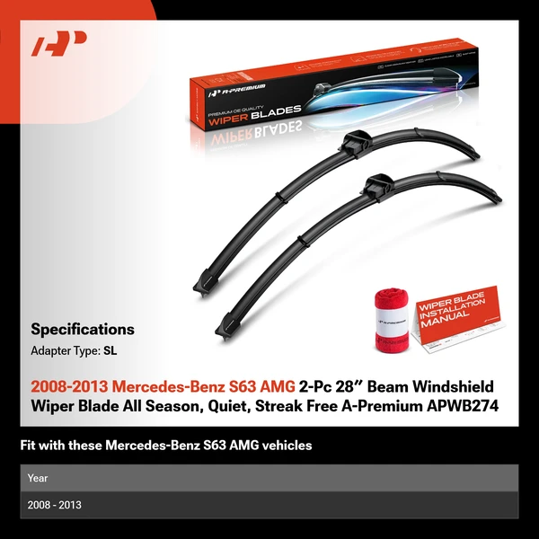 2008-2013 Mercedes-Benz S63 AMG 2-Pc 28″ Beam Windshield Wiper Blade All Season, Quiet, Streak Free A-Premium APWB274