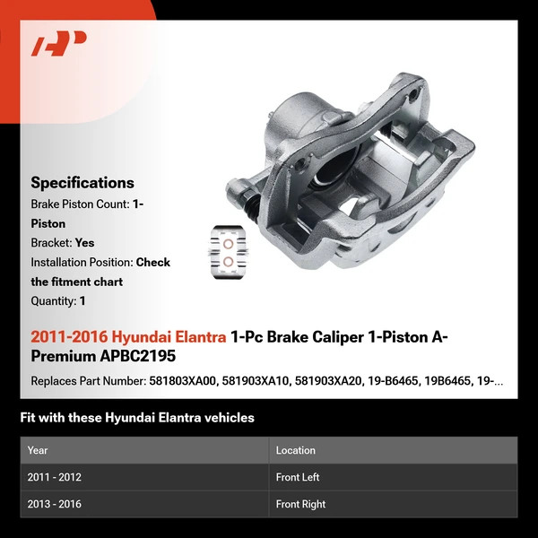 2011-2016 Hyundai Elantra 1-Pc Brake Caliper 1-Piston A-Premium APBC2195