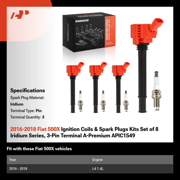 2016-2018 Fiat 500X Ignition Coils & Spark Plugs Kits Set of 8 Iridium Series, 3-Pin Terminal A-Premium APIC1549