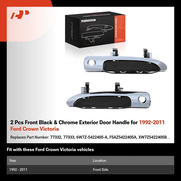 2 Pcs Front Black & Chrome Exterior Door Handle for 1992-2011 Ford Crown Victoria