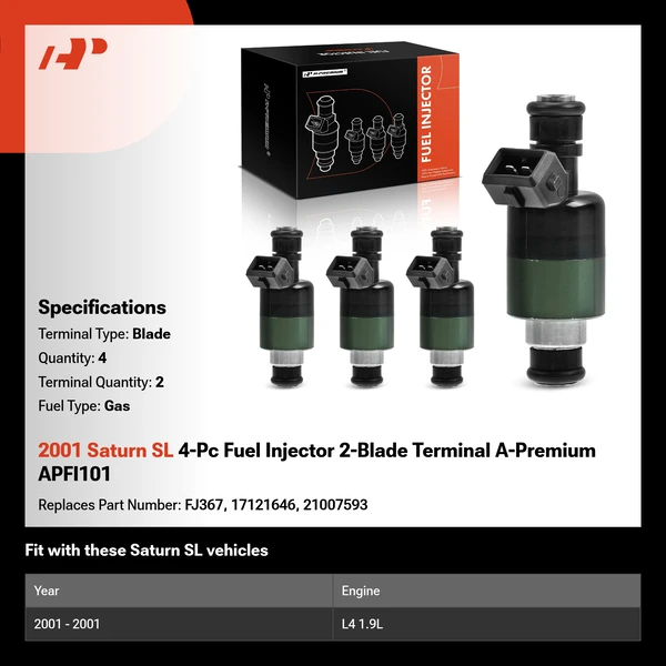 2001 Saturn SL 4-Pc Fuel Injector 2-Blade Terminal A-Premium APFI101