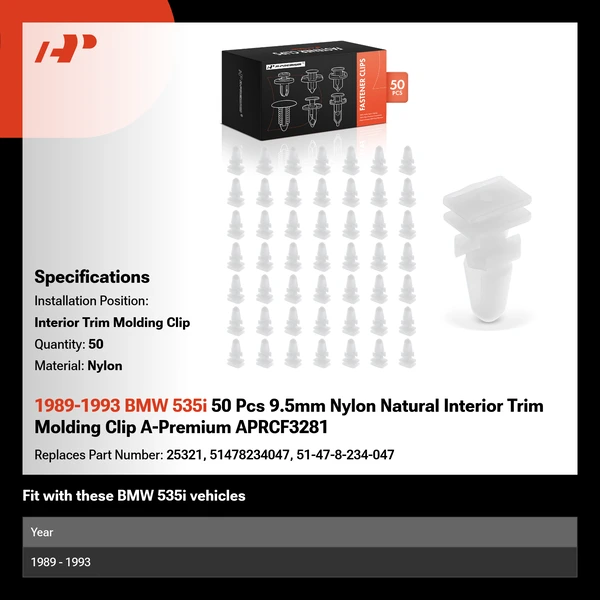 1989-1993 BMW 535i 50 Pcs 9.5mm Nylon Natural Interior Trim Molding Clip A-Premium APRCF3281