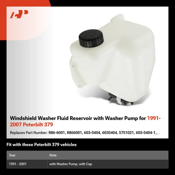 Windshield Washer Fluid Reservoir with Washer Pump for 1991-2007 Peterbilt 379