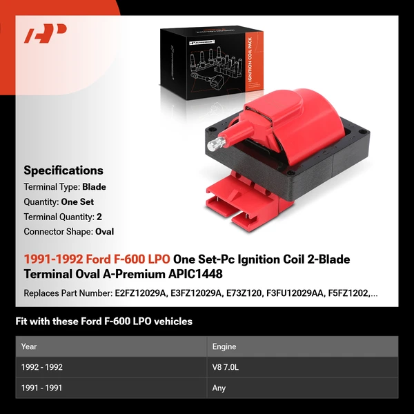 1991-1992 Ford F-600 LPO One Set-Pc Ignition Coil 2-Blade Terminal Oval A-Premium APIC1448