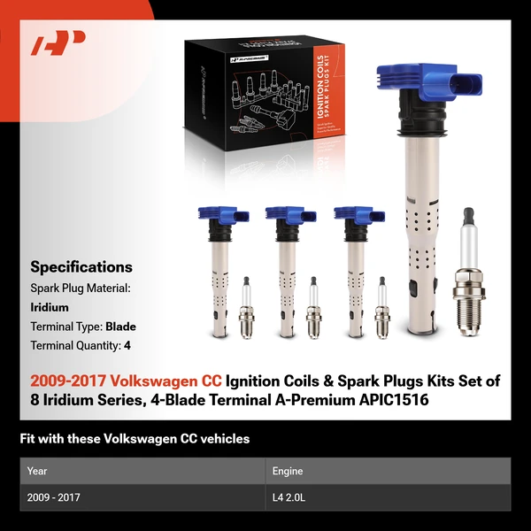 2009-2017 Volkswagen CC Ignition Coils & Spark Plugs Kits Set of 8 Iridium Series, 4-Blade Terminal A-Premium APIC1516