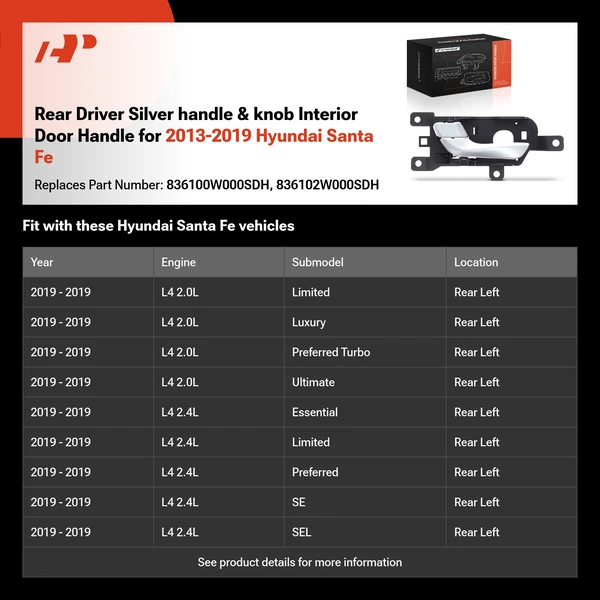 Rear Driver Silver handle & knob Interior Door Handle for 2013-2019 Hyundai Santa Fe