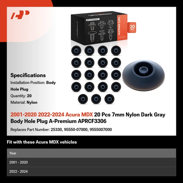 2001-2020 2022-2024 Acura MDX 20 Pcs 7mm Nylon Dark Gray Body Hole Plug A-Premium APRCF3306