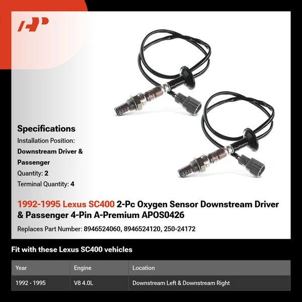 1992-1995 Lexus SC400 2-Pc Oxygen Sensor Downstream Driver & Passenger 4-Pin A-Premium APOS0426