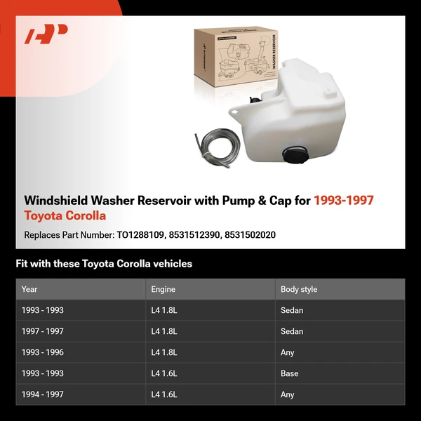 Windshield Washer Reservoir with Pump & Cap for 1993-1997 Toyota Corolla