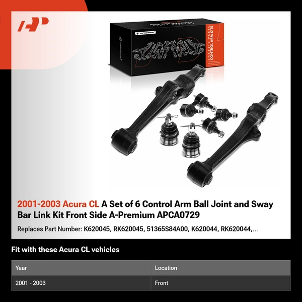 2001-2003 Acura CL A Set of 6 Control Arm Ball Joint and Sway Bar Link Kit Front Side A-Premium APCA0729