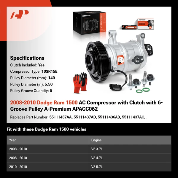 2008-2010 Dodge Ram 1500 AC Compressor with Clutch with 6-Groove Pulley A-Premium APACC062