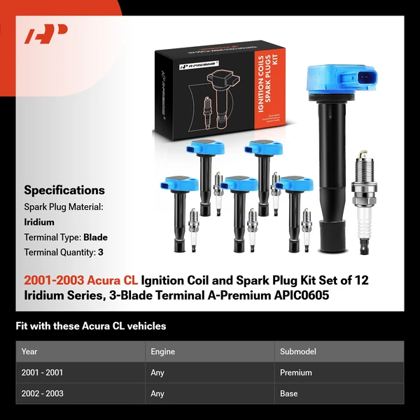 2001-2003 Acura CL Ignition Coil and Spark Plug Kit Set of 12 Iridium Series, 3-Blade Terminal A-Premium APIC0605