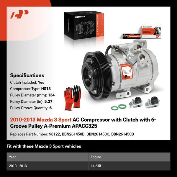 2010-2013 Mazda 3 Sport AC Compressor with Clutch with 6-Groove Pulley A-Premium APACC325