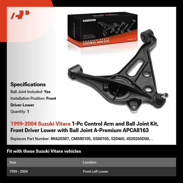 1999-2004 Suzuki Vitara 1-Pc Control Arm and Ball Joint Kit, Front Driver Lower with Ball Joint A-Premium APCA8163