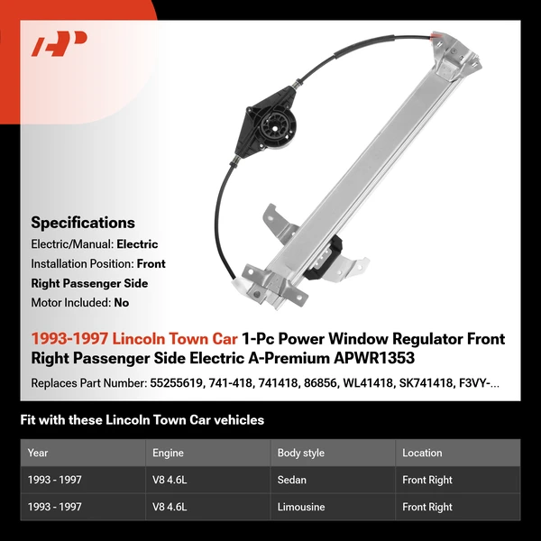 1993-1997 Lincoln Town Car 1-Pc Power Window Regulator Front Right Passenger Side Electric A-Premium APWR1353
