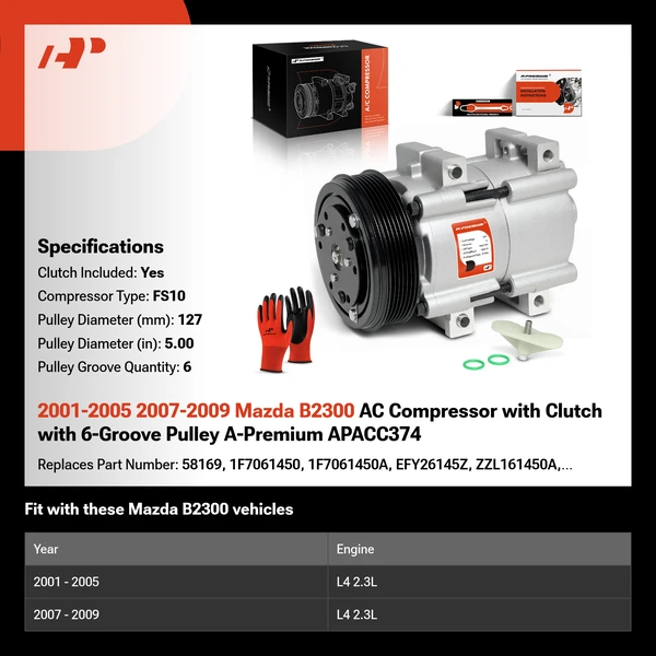 2001-2005 2007-2009 Mazda B2300 AC Compressor with Clutch with 6-Groove Pulley A-Premium APACC374