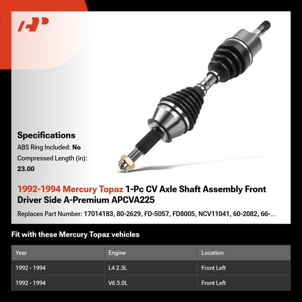 1992-1994 Mercury Topaz 1-Pc CV Axle Shaft Assembly Front Driver Side A-Premium APCVA225