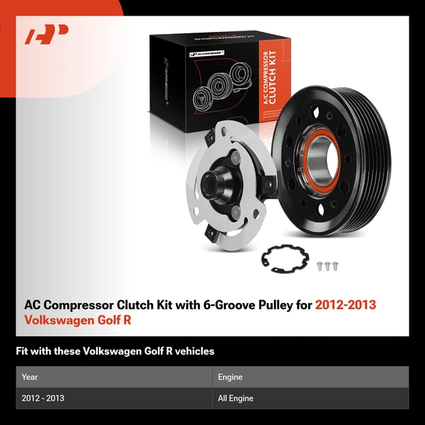 AC Compressor Clutch Kit with 6-Groove Pulley for 2012-2013 Volkswagen Golf R