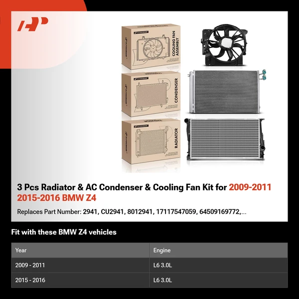 3 Pcs Radiator & AC Condenser & Cooling Fan Kit for 2009-2011 2015-2016 BMW Z4