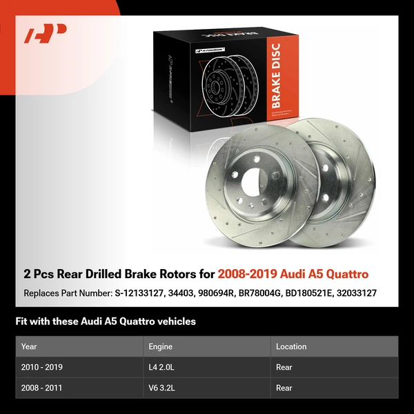 2 Pcs Rear Drilled Brake Rotors for 2008-2019 Audi A5 Quattro