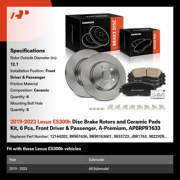 2019-2023 Lexus ES300h Disc Brake Rotors and Ceramic Pads Kit, 6 Pcs, Front Driver & Passenger, A-Premium, APBRPR1633