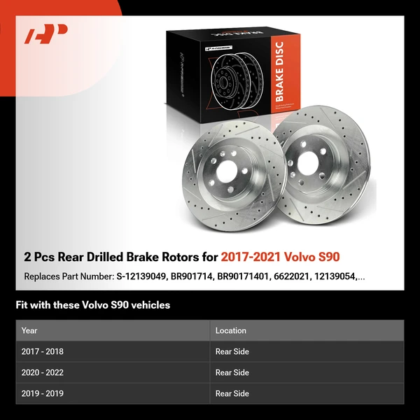 2 Pcs Rear Drilled Brake Rotors for 2017-2021 Volvo S90