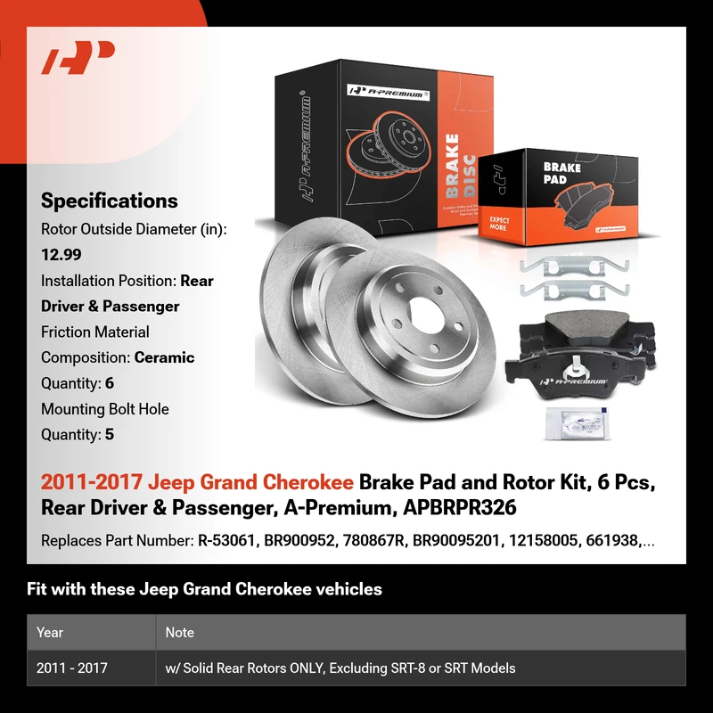 2011-2017 Jeep Grand Cherokee Brake Pad and Rotor Kit, 6 Pcs, Rear Driver & Passenger, A-Premium, APBRPR326