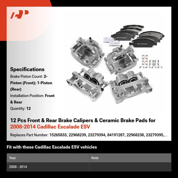 12 Pcs Front & Rear Brake Calipers & Ceramic Brake Pads for 2008-2014 Cadillac Escalade ESV