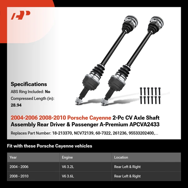 2004-2006 2008-2010 Porsche Cayenne 2-Pc CV Axle Shaft Assembly Rear Driver & Passenger A-Premium APCVA2433