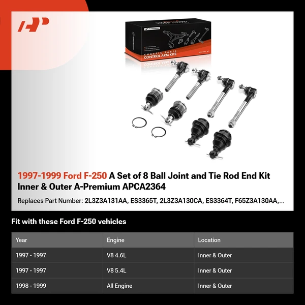 1997-1999 Ford F-250 A Set of 8 Ball Joint and Tie Rod End Kit Inner & Outer A-Premium APCA2364
