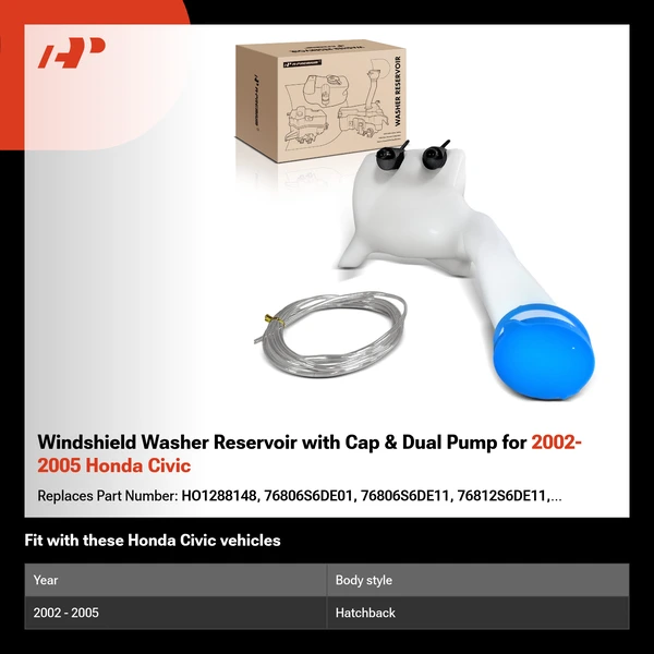 Windshield Washer Reservoir with Cap & Dual Pump for 2002-2005 Honda Civic
