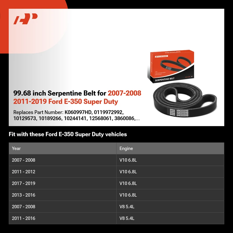 99.68 inch Serpentine Belt for 2007-2008 2011-2019 Ford E-350 Super Duty