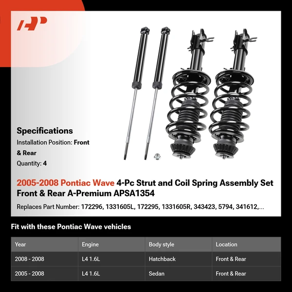 2005-2008 Pontiac Wave 4-Pc Strut and Coil Spring Assembly Set Front & Rear A-Premium APSA1354