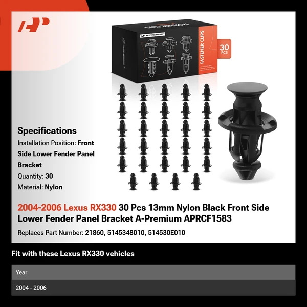 2004-2006 Lexus RX330 30 Pcs 13mm Nylon Black Front Side Lower Fender Panel Bracket A-Premium APRCF1583