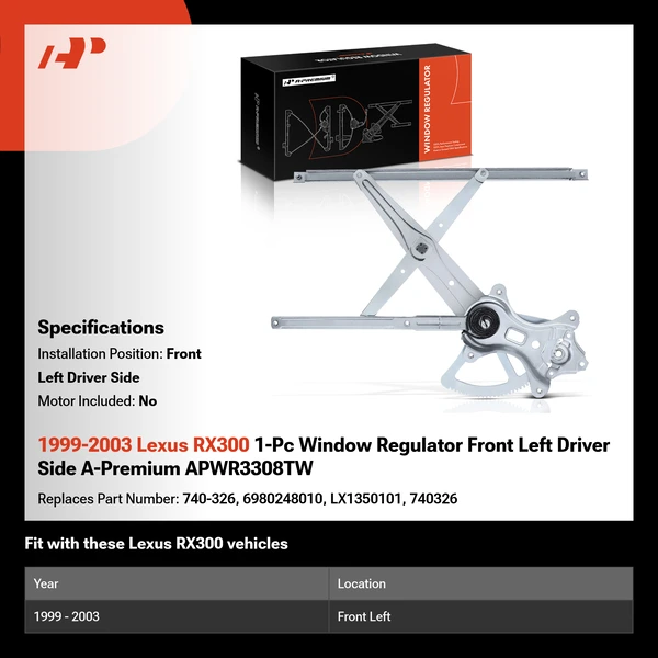 1999-2003 Lexus RX300 1-Pc Window Regulator Front Left Driver Side A-Premium APWR3308TW