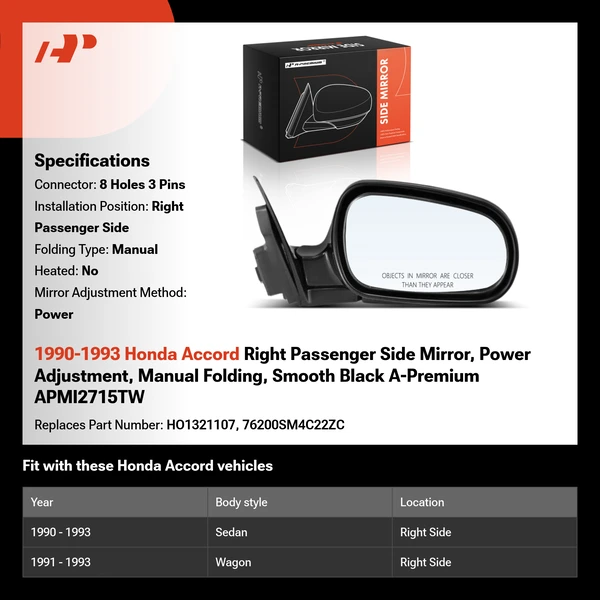 1990-1993 Honda Accord Right Passenger Side Mirror, Power Adjustment, Manual Folding, Smooth Black A-Premium APMI2715TW