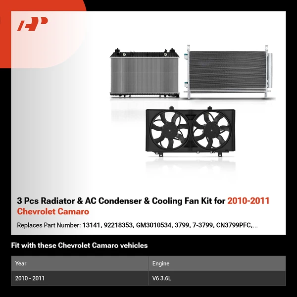 3 Pcs Radiator & AC Condenser & Cooling Fan Kit for 2010-2011 Chevrolet Camaro
